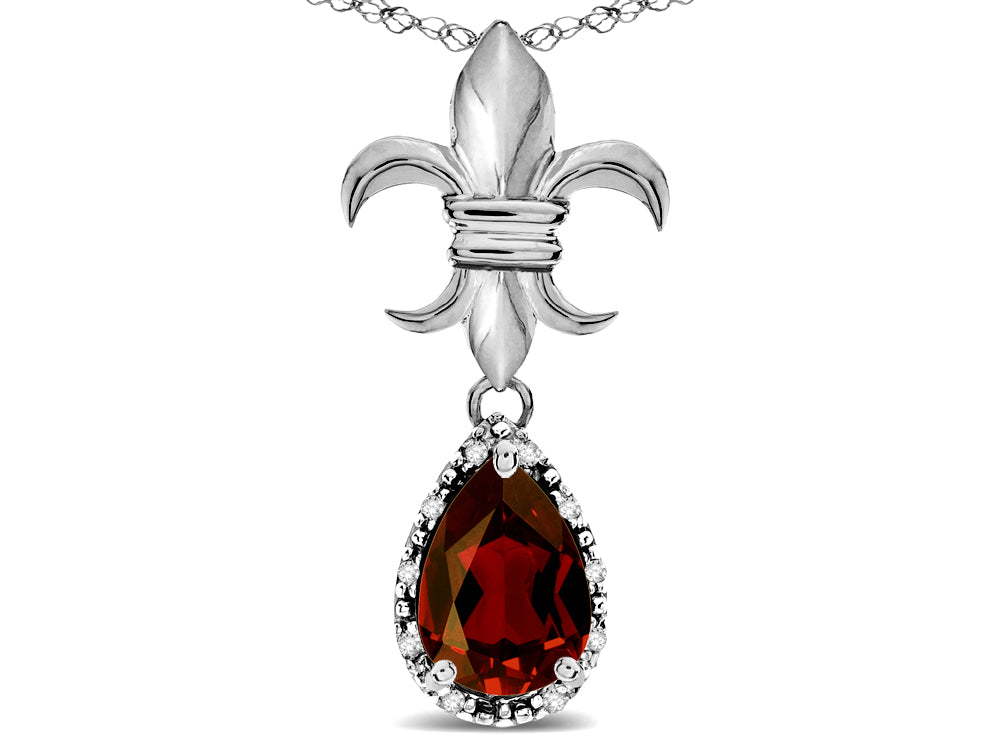 Star K  Pear Shape 8x6mm Genuine Garnet Fleur De Lis Pendant Necklace 18k White Gold