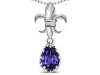 Star K  Pear Shape 8x6mm Genuine Iolite Fleur De Lis Pendant Necklace 18k White Gold