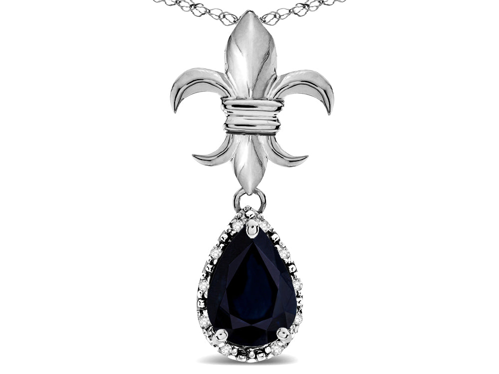Star K  Pear Shape 8x6mm Genuine Black Sapphire Fleur De Lis Pendant Necklace 18k White Gold