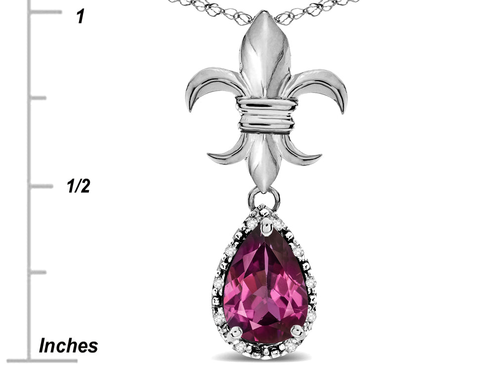 Star K  Pear Shape 8x6mm Genuine Rhodolite Fleur De Lis Pendant Necklace 18k White Gold