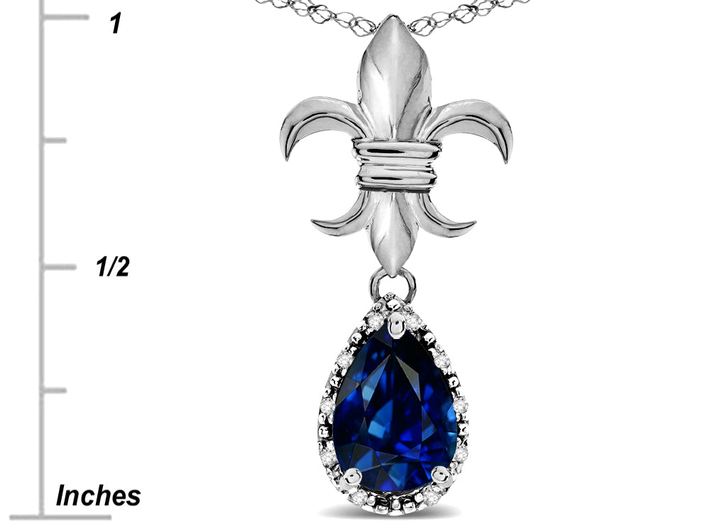 Star K  Pear Shape 8x6mm Created Sapphire Fleur De Lis Pendant Necklace 18k White Gold