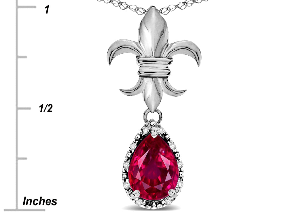 Star K  Pear Shape 8x6mm Created Ruby Fleur De Lis Pendant Necklace 18k White Gold