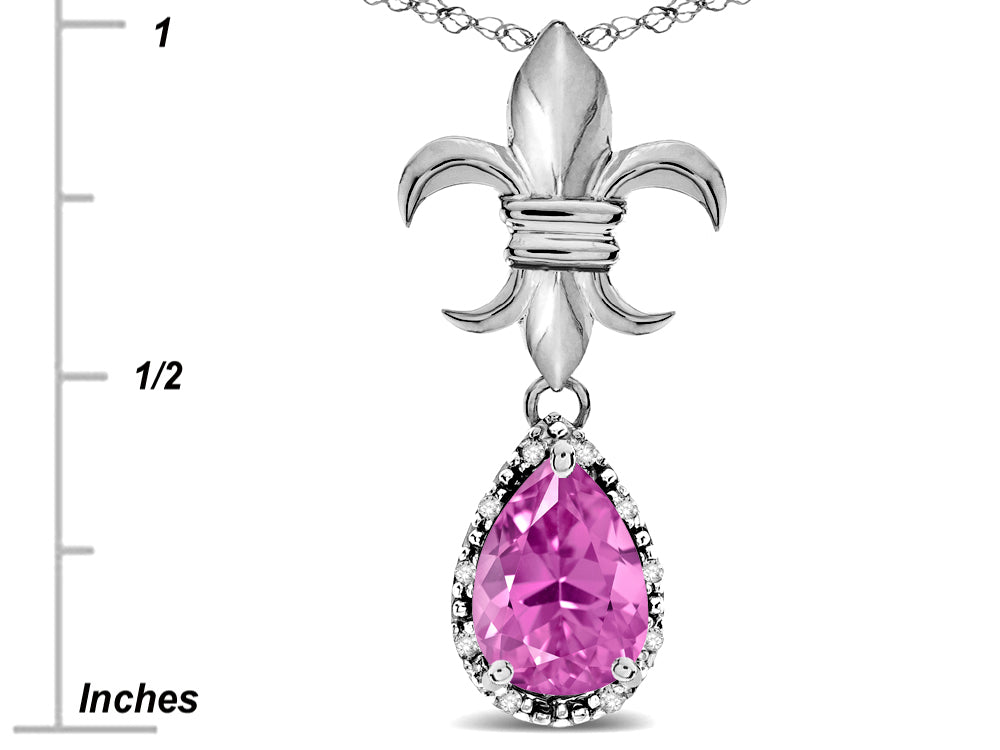 Star K  Pear Shape 8x6mm Created Pink Sapphire Fleur De Lis Pendant Necklace 18k White Gold