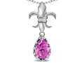 Star K  Pear Shape 8x6mm Created Pink Sapphire Fleur De Lis Pendant Necklace 18k White Gold