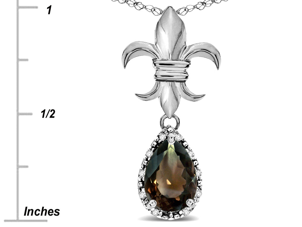 Star K  Pear Shape 8x6mm Genuine Smoky Quartz Fleur De Lis Pendant Necklace 18k White Gold
