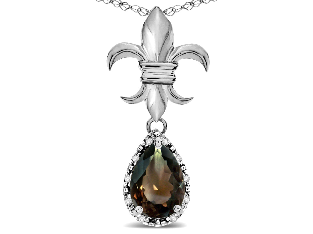 Star K  Pear Shape 8x6mm Genuine Smoky Quartz Fleur De Lis Pendant Necklace 18k White Gold