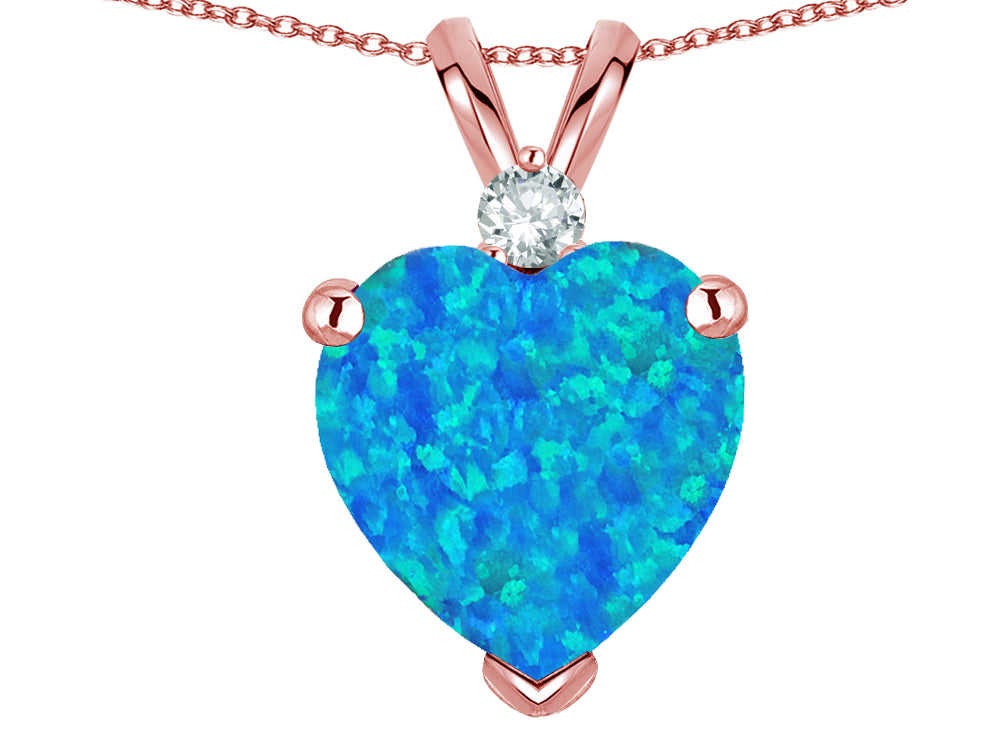 Star K 8mm Heart Shape Blue Created Opal Pendant Necklace 14k Rose Gold