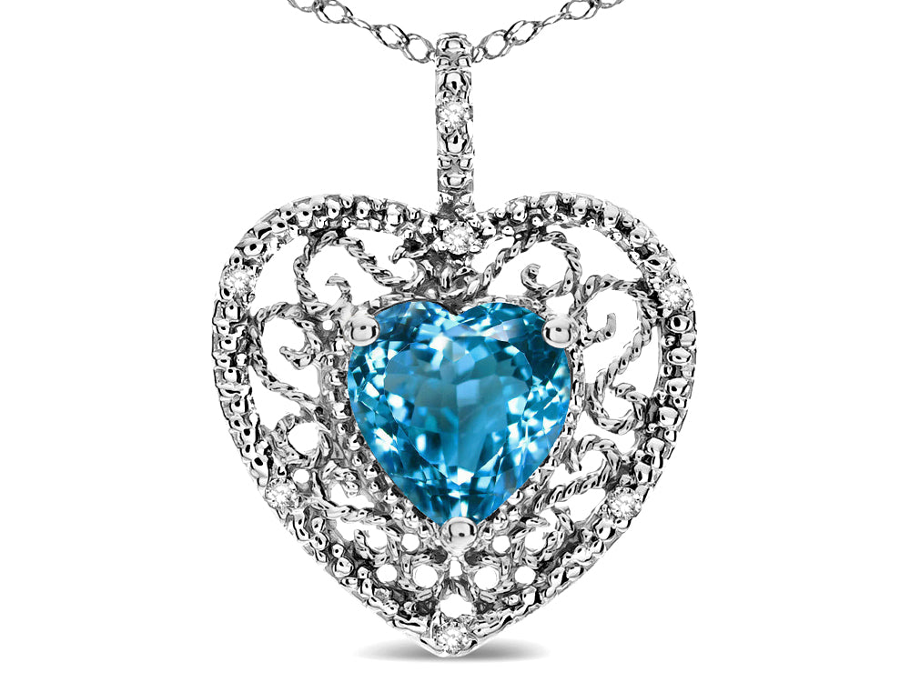 Star K Heart Shape 8mm Genuine Blue Topaz filigree Heart Pendant Necklace