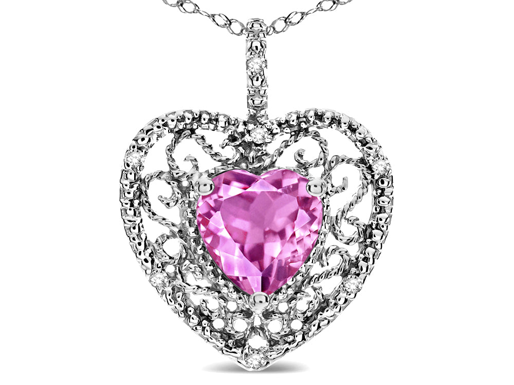 Star K Heart Shape 8mm Created Pink Sapphire filigree Heart Pendant Necklace