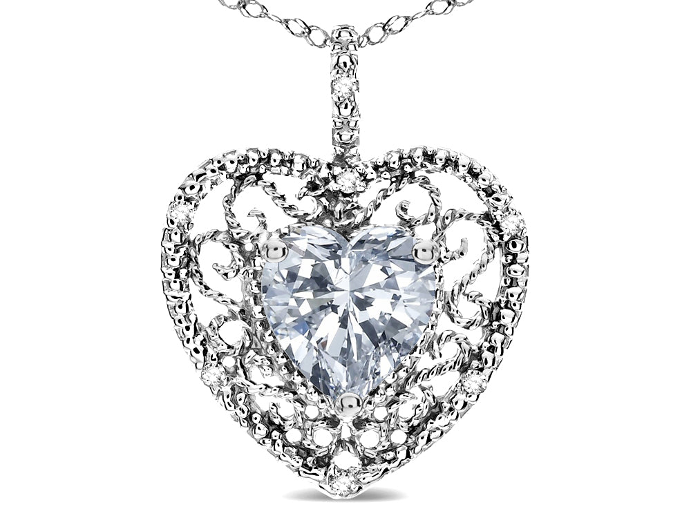 Star K Heart Shape 8mm Genuine White Topaz filigree Heart Pendant Necklace