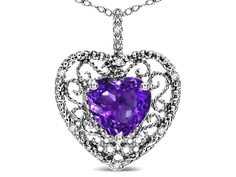 Star K Heart Shape 8mm Genuine Amethyst filigree Heart Pendant Necklace 10k White Gold