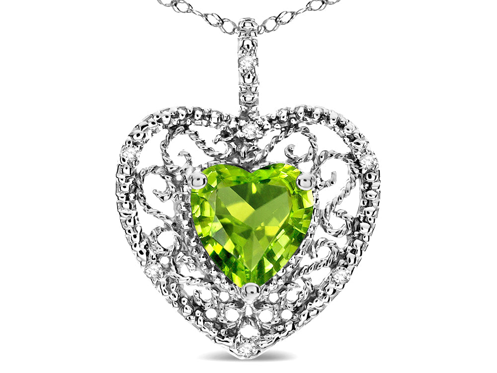 Star K Heart Shape 8mm Genuine Peridot filigree Heart Pendant Necklace 10k White Gold