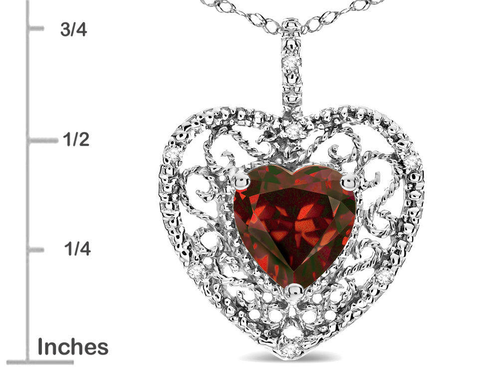 Star K Heart Shape 8mm Genuine Garnet filigree Heart Pendant Necklace 10k White Gold