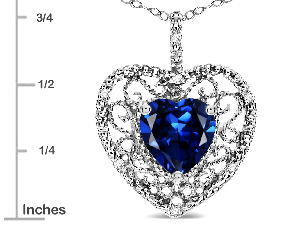 Star K Heart Shape 8mm Created Sapphire filigree Heart Pendant Necklace 10k White Gold