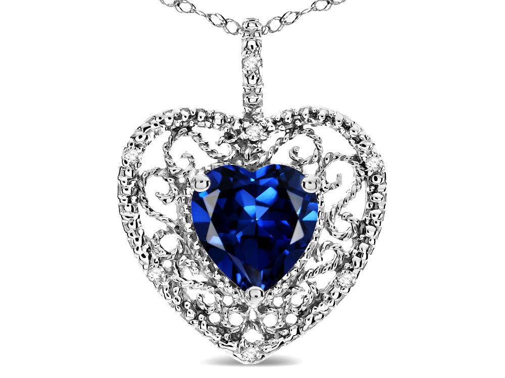 Star K Heart Shape 8mm Created Sapphire filigree Heart Pendant Necklace 10k White Gold