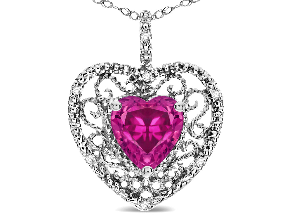 Star K Heart Shape 8mm Simulated Pink Tourmaline filigree Heart Pendant Necklace 10k White Gold