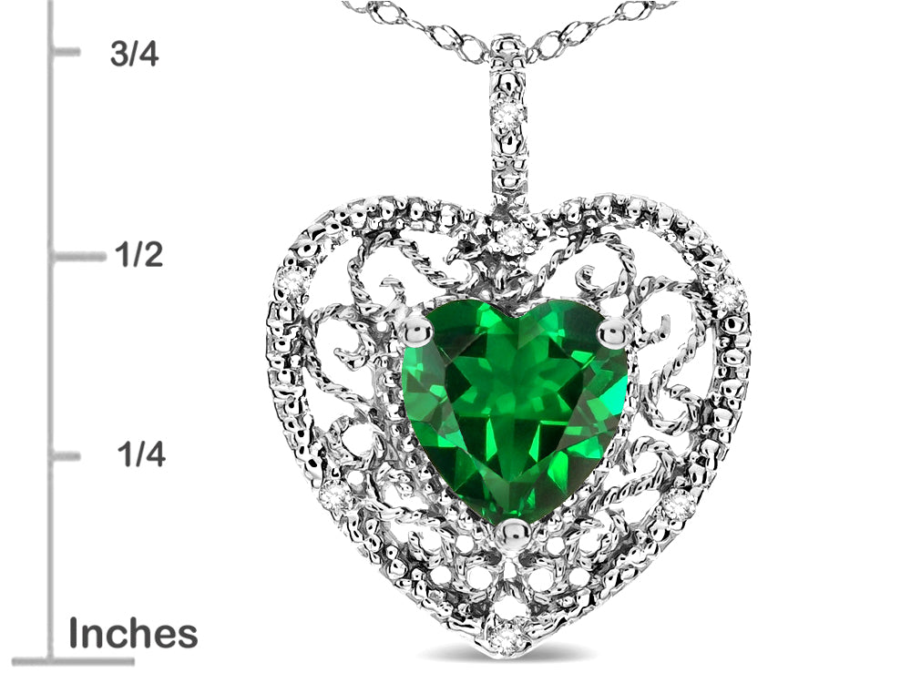 Star K Heart Shape 8mm Simulated Emerald filigree Heart Pendant Necklace 10k White Gold