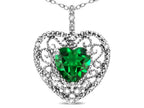 Star K Heart Shape 8mm Simulated Emerald filigree Heart Pendant Necklace 10k White Gold