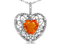 Star K Heart Shape 8mm Simulated Orange Mexican Fire Opal filigree Heart Pendant Necklace 10k White Gold