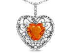Star K Heart Shape 8mm Simulated Orange Mexican Fire Opal filigree Heart Pendant Necklace 10k White Gold