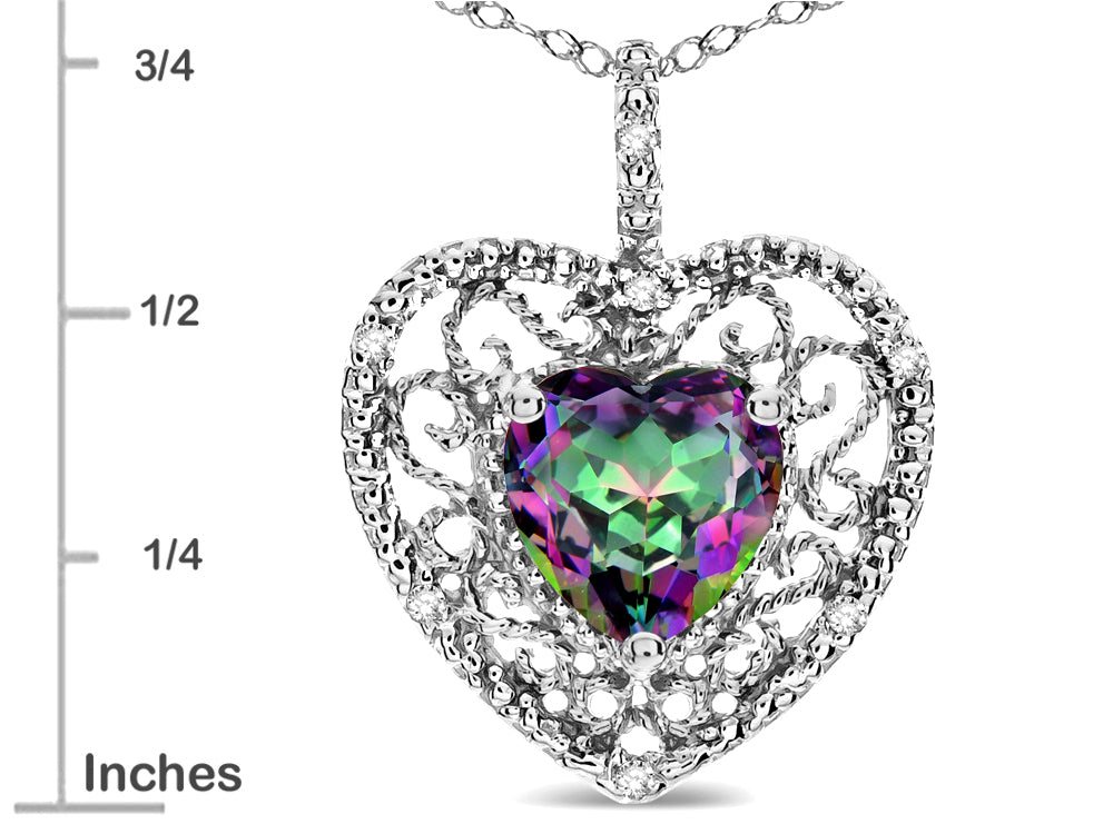 Star K Heart Shape 8mm Rainbow Mystic Topaz filigree Heart Pendant Necklace 10k White Gold