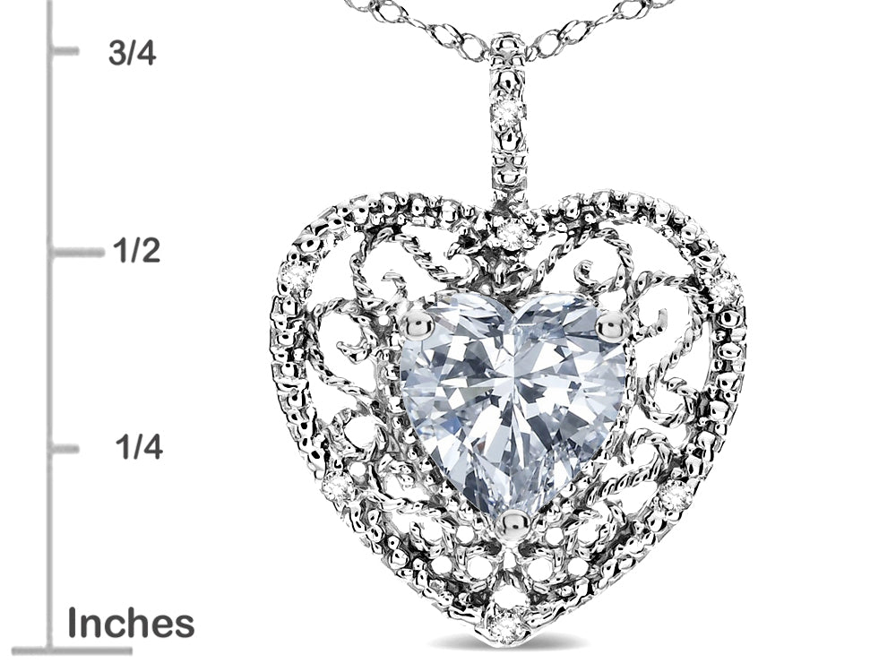 Star K Heart Shape 8mm Genuine White Topaz filigree Heart Pendant Necklace 10k White Gold