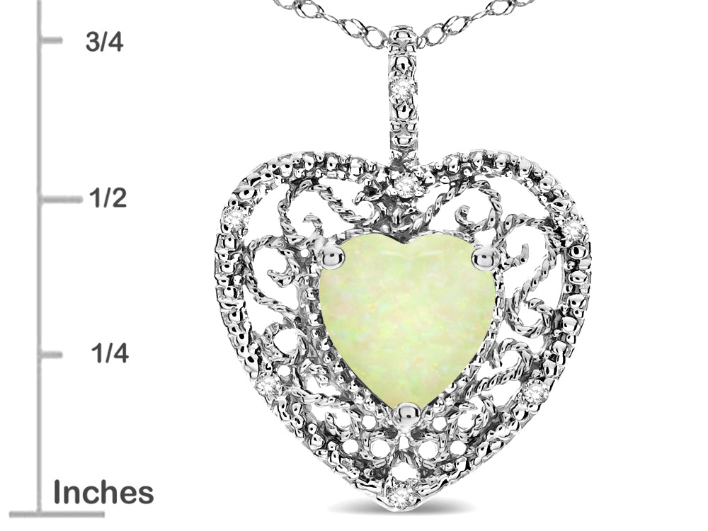Star K Heart Shape 8mm Created Opal filigree Heart Pendant Necklace 10k White Gold