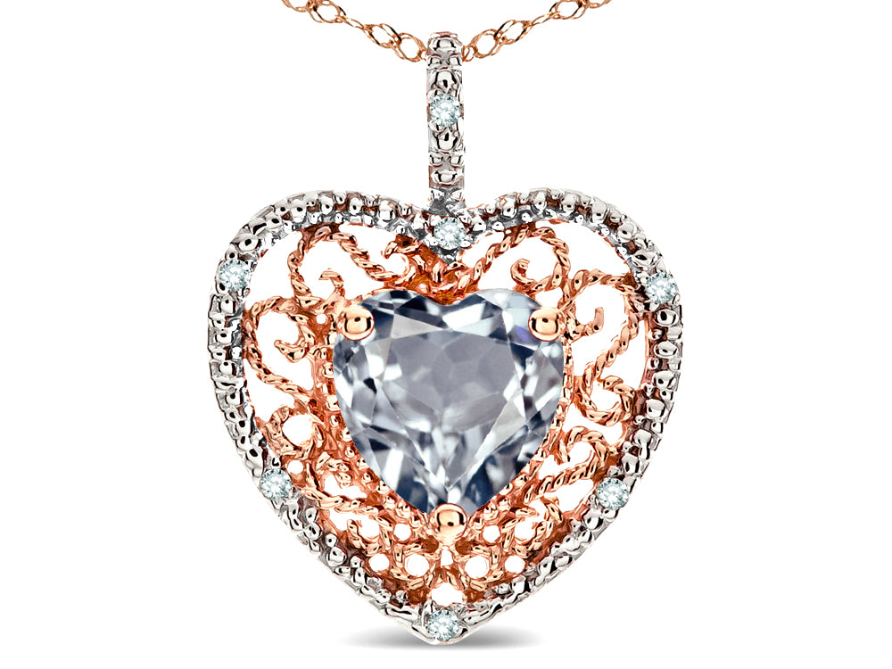 Star K Heart Shape 8mm Genuine Aquamarine filigree Heart Pendant Necklace 14k Rose Gold