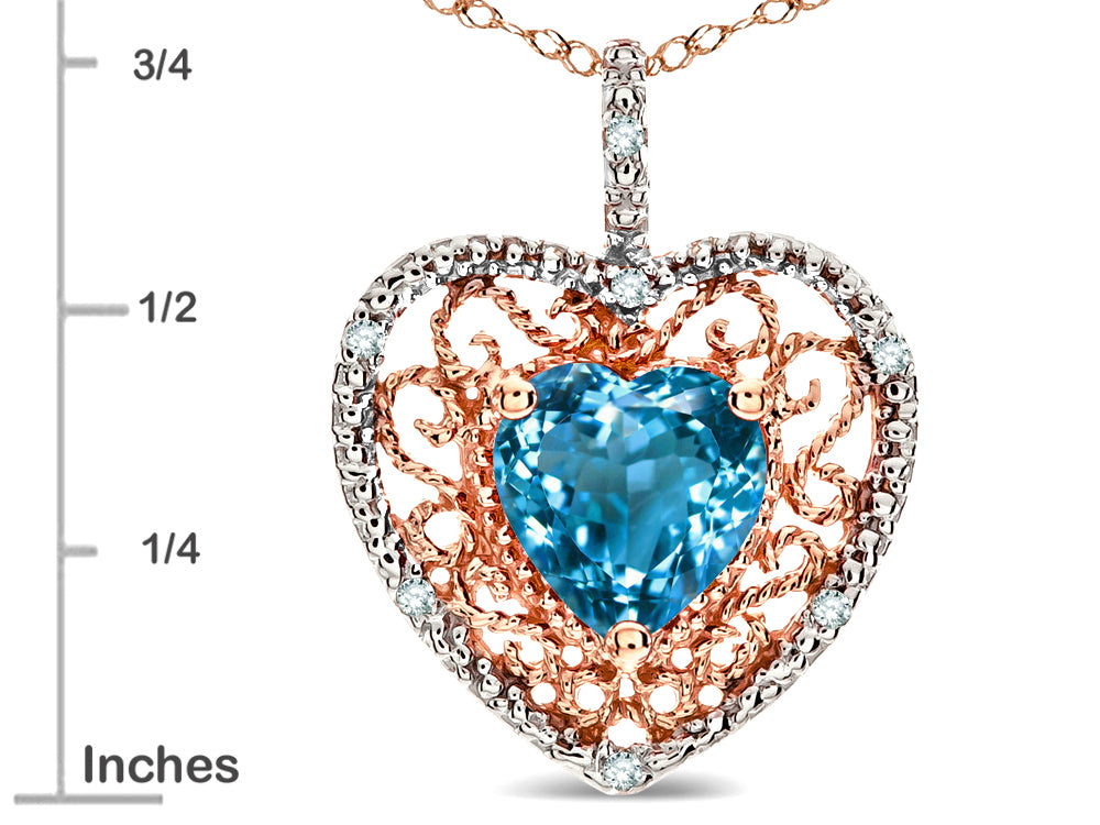 Star K Heart Shape 8mm Genuine Blue Topaz filigree Heart Pendant Necklace 14k Rose Gold