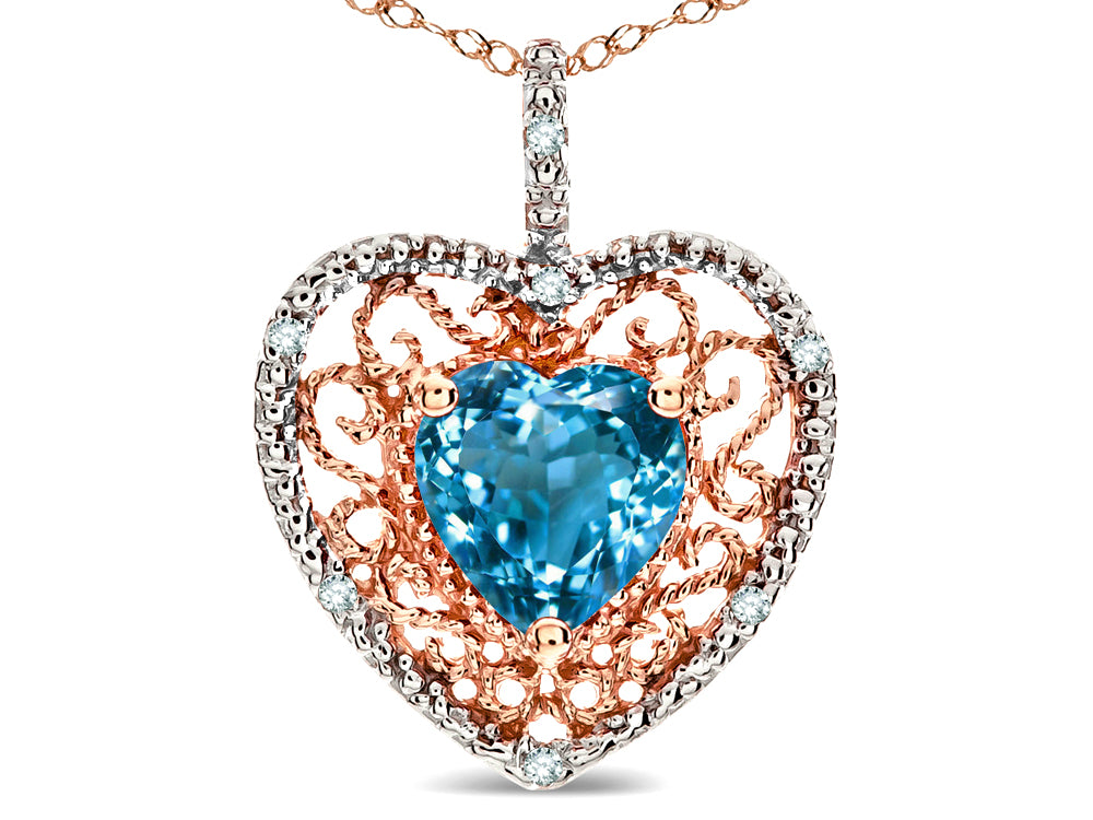 Star K Heart Shape 8mm Genuine Blue Topaz filigree Heart Pendant Necklace 14k Rose Gold