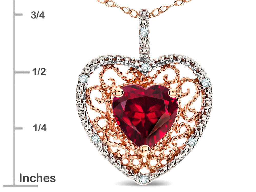 Star K Heart Shape 8mm Created Ruby filigree Heart Pendant Necklace 14k Rose Gold