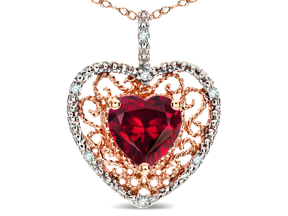 Star K Heart Shape 8mm Created Ruby filigree Heart Pendant Necklace 14k Rose Gold
