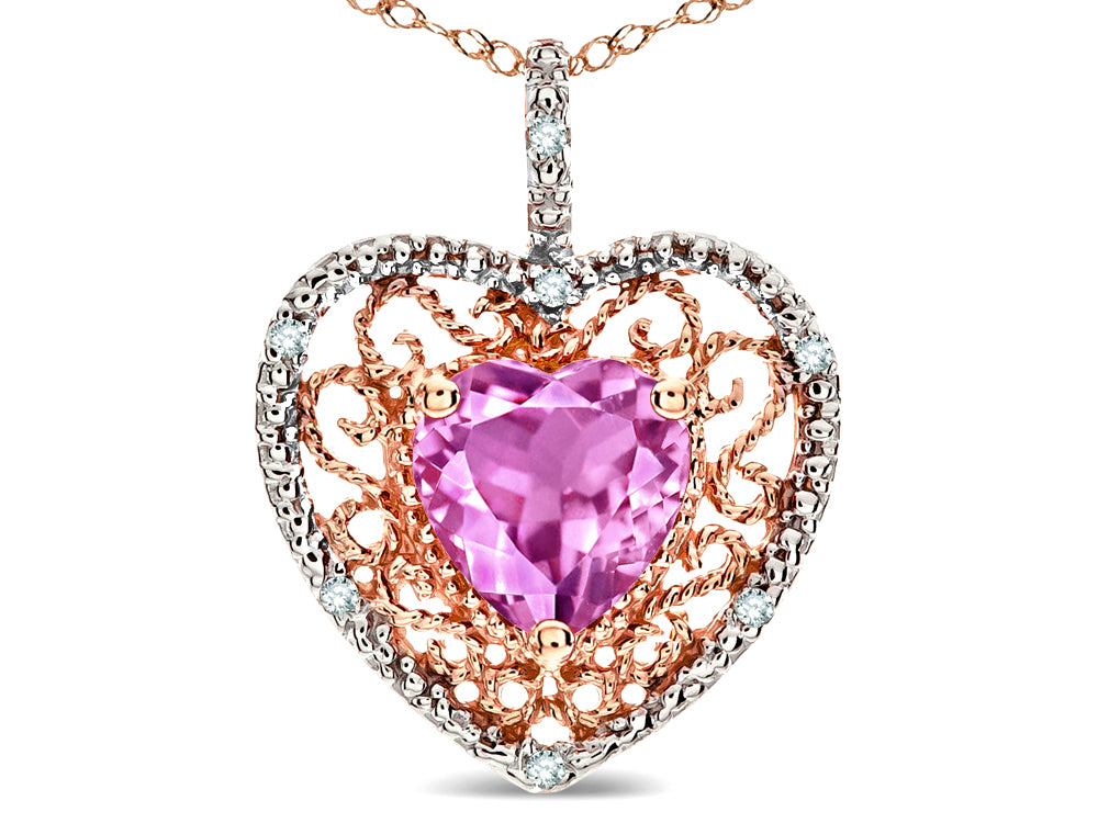Star K Heart Shape 8mm Created Pink Sapphire filigree Heart Pendant Necklace 14k Rose Gold
