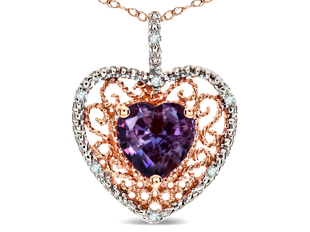 Star K Heart Shape 8mm Simulated Alexandrite filigree Heart Pendant Necklace 14k Rose Gold
