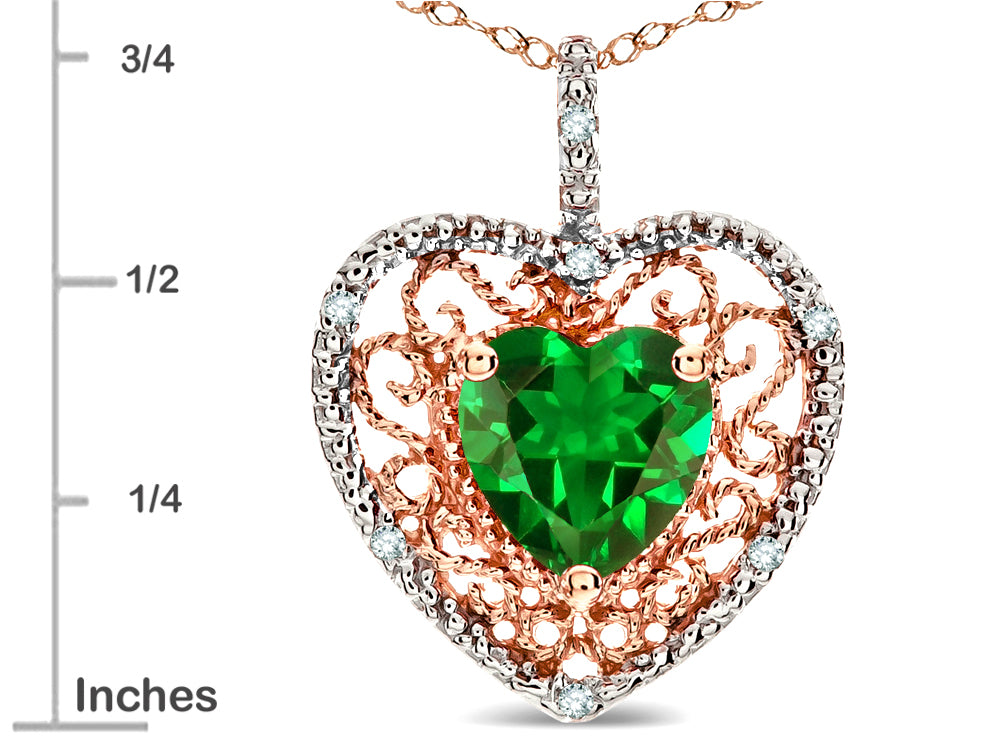 Star K Heart Shape 8mm Simulated Emerald filigree Heart Pendant Necklace 14k Rose Gold