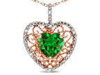 Star K Heart Shape 8mm Simulated Emerald filigree Heart Pendant Necklace 14k Rose Gold