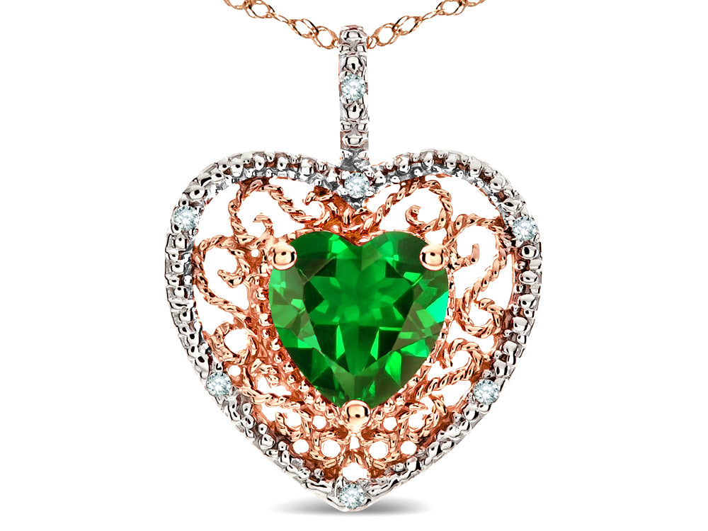 Star K Heart Shape 8mm Simulated Emerald filigree Heart Pendant Necklace 14k Rose Gold