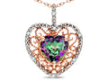 Star K Heart Shape 8mm Rainbow Mystic Topaz filigree Heart Pendant Necklace 14k Rose Gold