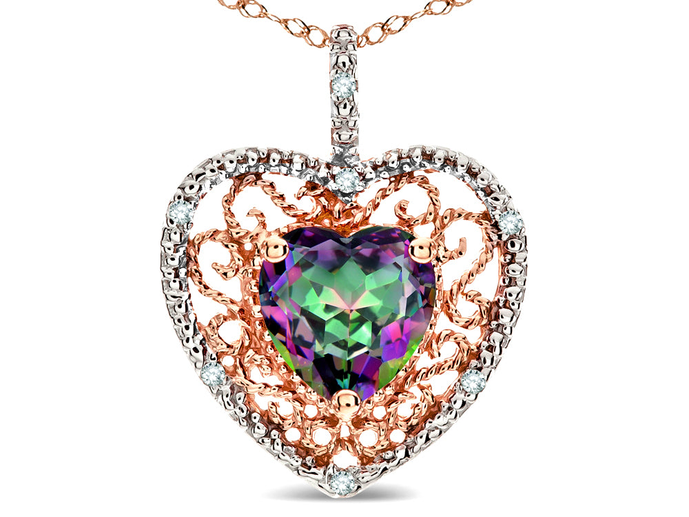 Star K Heart Shape 8mm Rainbow Mystic Topaz filigree Heart Pendant Necklace 14k Rose Gold