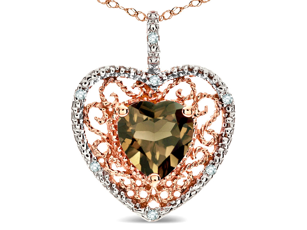 Star K Heart Shape 8mm Genuine Smoky Quartz filigree Heart Pendant Necklace 14k Rose Gold