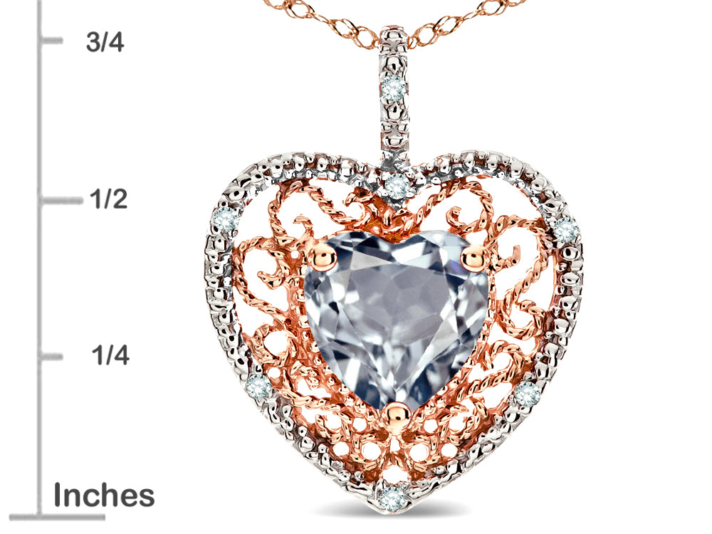 Star K Heart Shape 8mm Genuine Aquamarine filigree Heart Pendant Necklace 10k Rose Gold