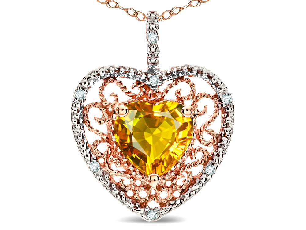 Star K Heart Shape 8mm Genuine Citrine filigree Heart Pendant Necklace 10k Rose Gold