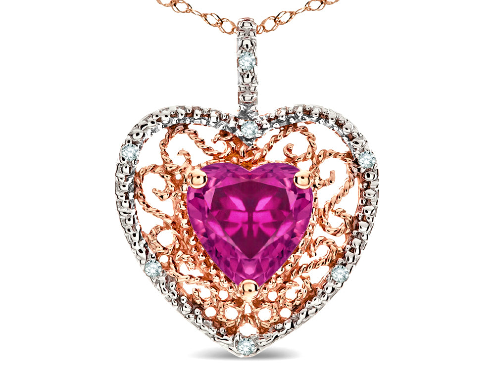 Star K Heart Shape 8mm Simulated Pink Tourmaline filigree Heart Pendant Necklace 10k Rose Gold