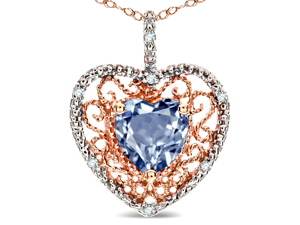 Star K Heart Shape 8mm Simulated Aquamarine filigree Heart Pendant Necklace 10k Rose Gold