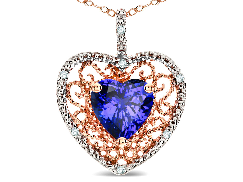 Star K Heart Shape 8mm Simulated Tanzanite filigree Heart Pendant Necklace 10k Rose Gold