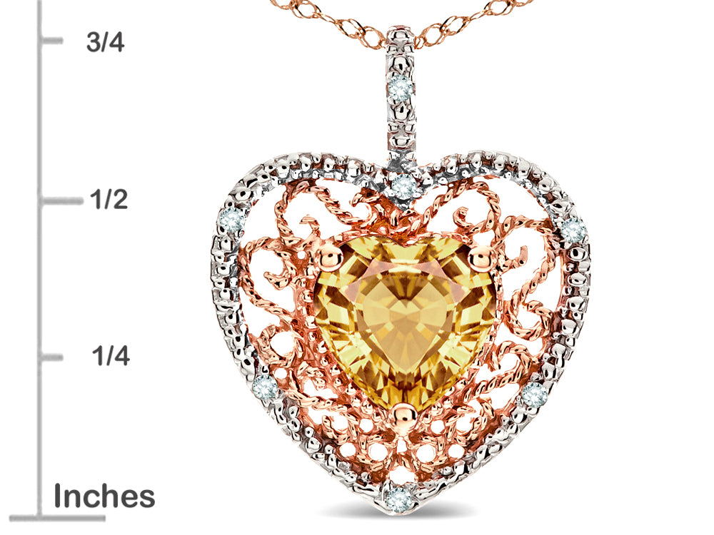 Star K Heart Shape 8mm Simulated Imperial Yellow Topaz filigree Heart Pendant Necklace 10k Rose Gold