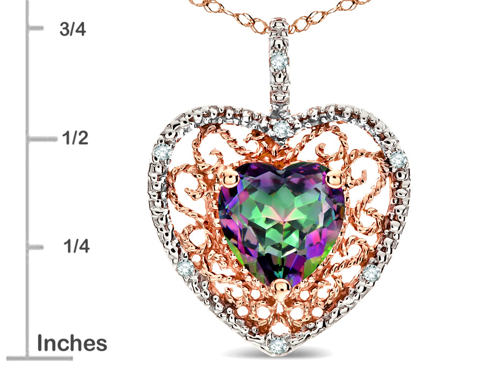 Star K Heart Shape 8mm Rainbow Mystic Topaz filigree Heart Pendant Necklace 10k Rose Gold