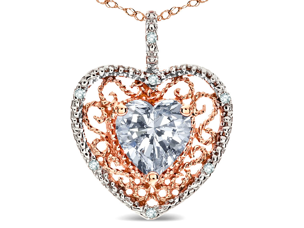 Star K Heart Shape 8mm Genuine White Topaz filigree Heart Pendant Necklace 10k Rose Gold