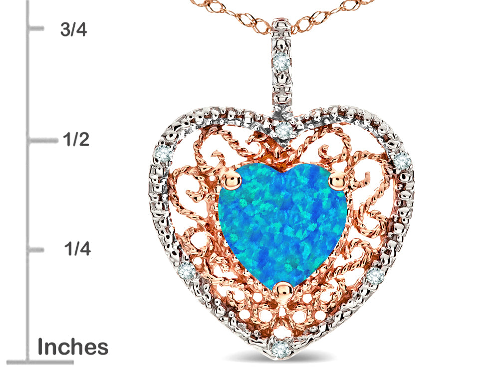 Star K Heart Shape 8mm Blue Created Opal filigree Heart Pendant Necklace 10k Rose Gold