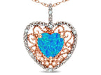 Star K Heart Shape 8mm Blue Created Opal filigree Heart Pendant Necklace 10k Rose Gold